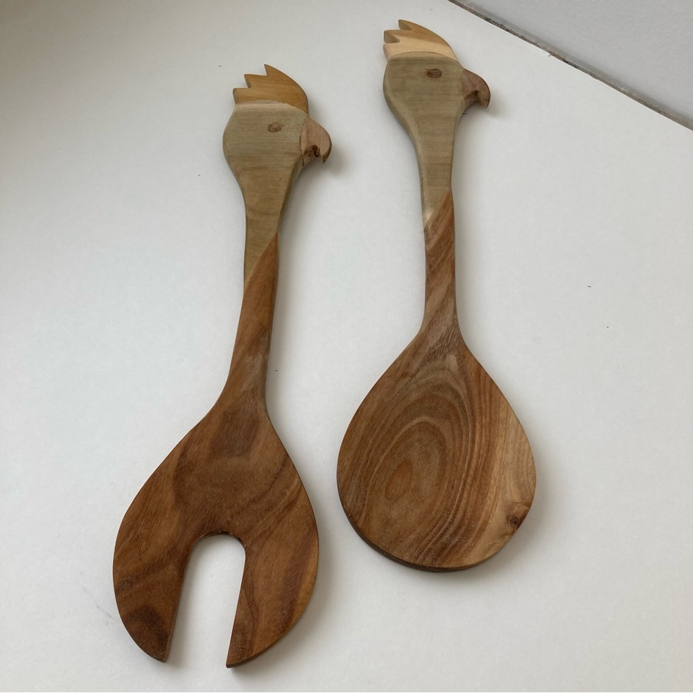 Wood Bird Design Salad Servers Rooster Hen Ustensils Country Farm Decor Kitchen